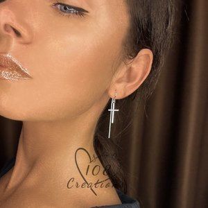 Simple Chain Threader Cross Drop Earrings